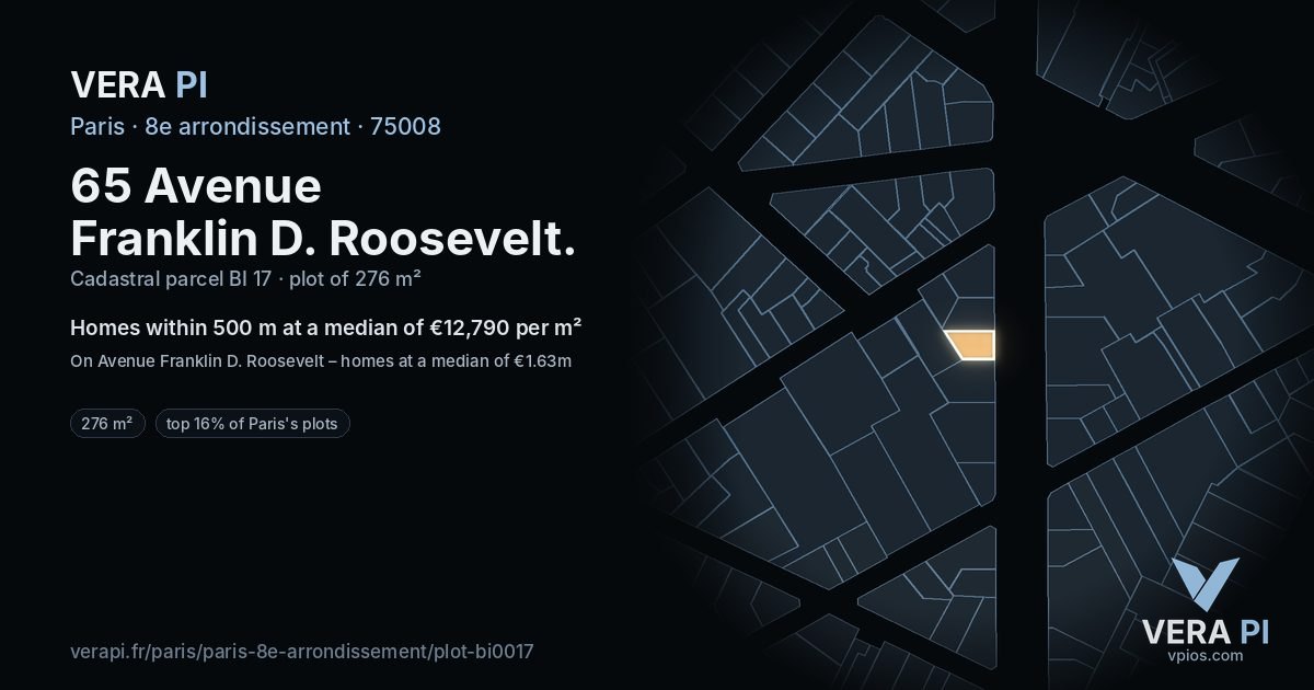 65 Avenue Franklin D. Roosevelt, 8e arrondissement at night – the plot lit, the parcels around coloured by the prices near them