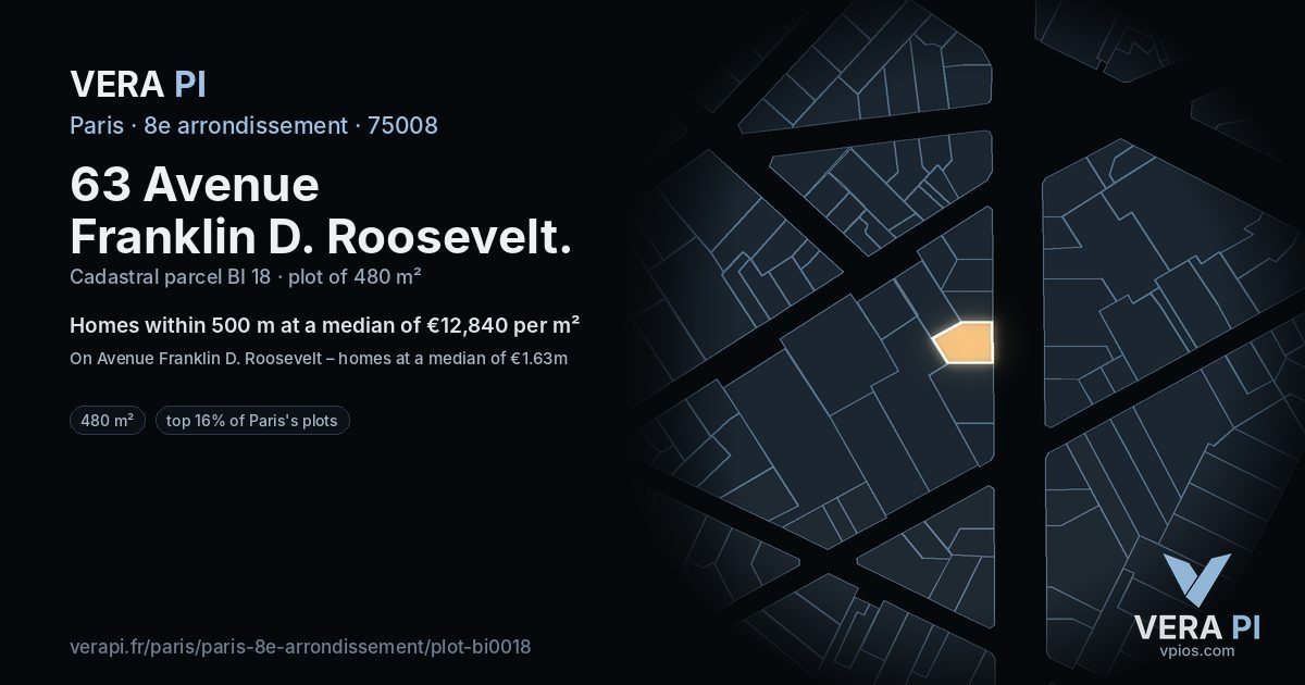 63 Avenue Franklin D. Roosevelt, 8e arrondissement at night – the plot lit, the parcels around coloured by the prices near them