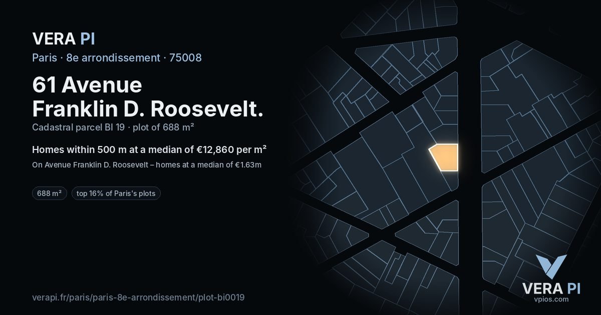 61 Avenue Franklin D. Roosevelt, 8e arrondissement at night – the plot lit, the parcels around coloured by the prices near them