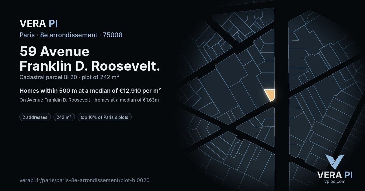 59 Avenue Franklin D. Roosevelt, 8e arrondissement at night – the plot lit, the parcels around coloured by the prices near them