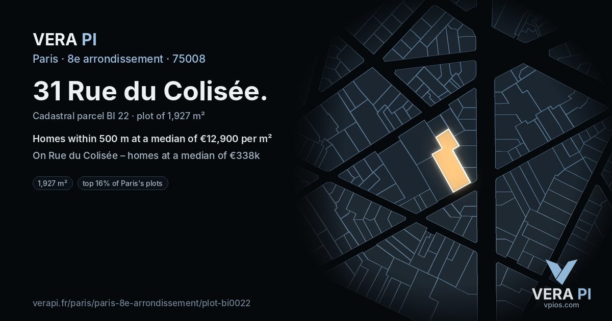 31 Rue du Colisée, 8e arrondissement at night – the plot lit, the parcels around coloured by the prices near them