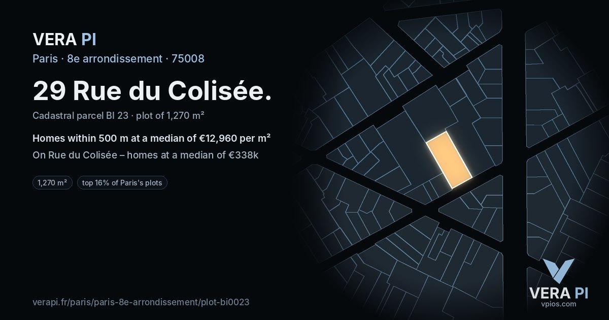 29 Rue du Colisée, 8e arrondissement at night – the plot lit, the parcels around coloured by the prices near them