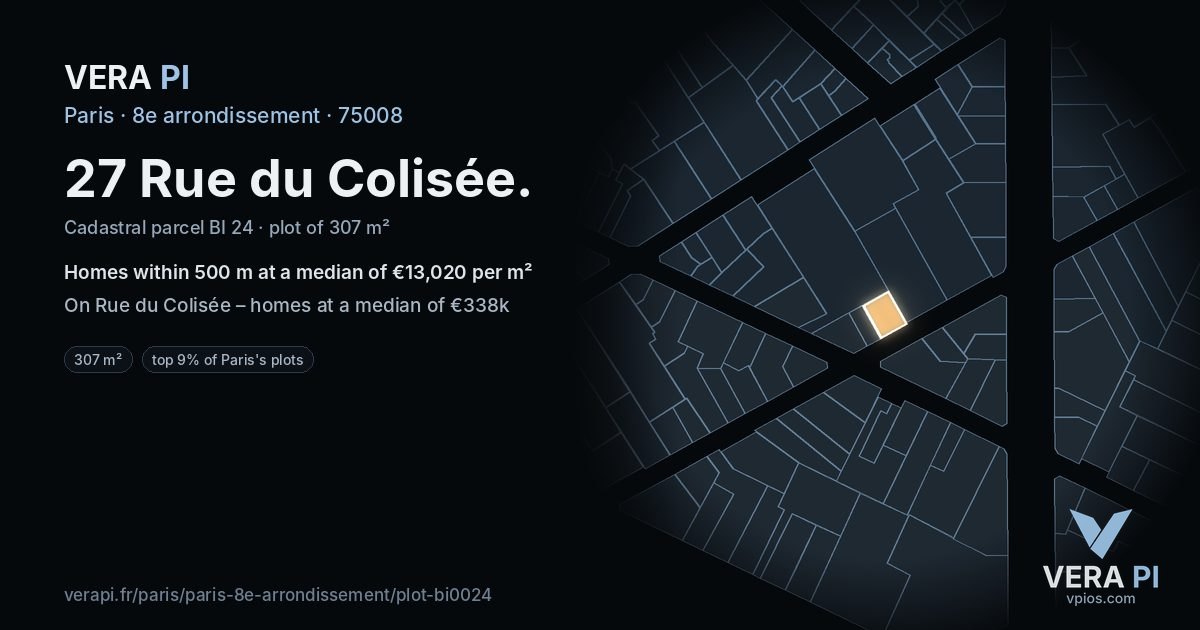 27 Rue du Colisée, 8e arrondissement at night – the plot lit, the parcels around coloured by the prices near them