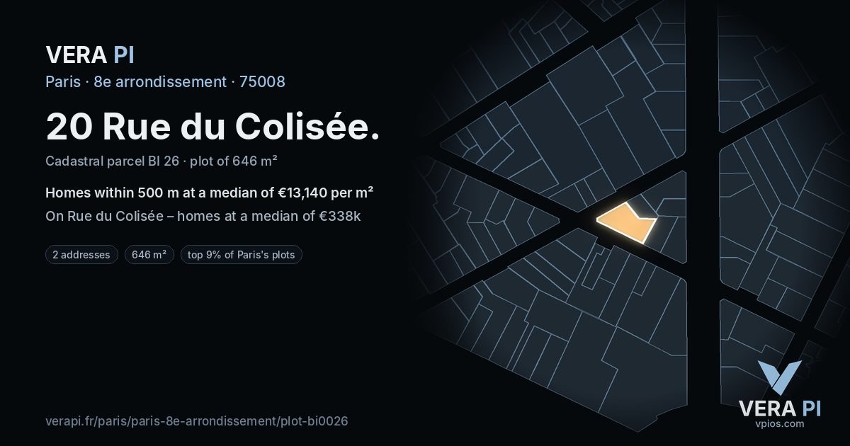 20 Rue du Colisée, 8e arrondissement at night – the plot lit, the parcels around coloured by the prices near them