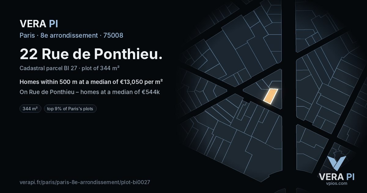 22 Rue de Ponthieu, 8e arrondissement at night – the plot lit, the parcels around coloured by the prices near them