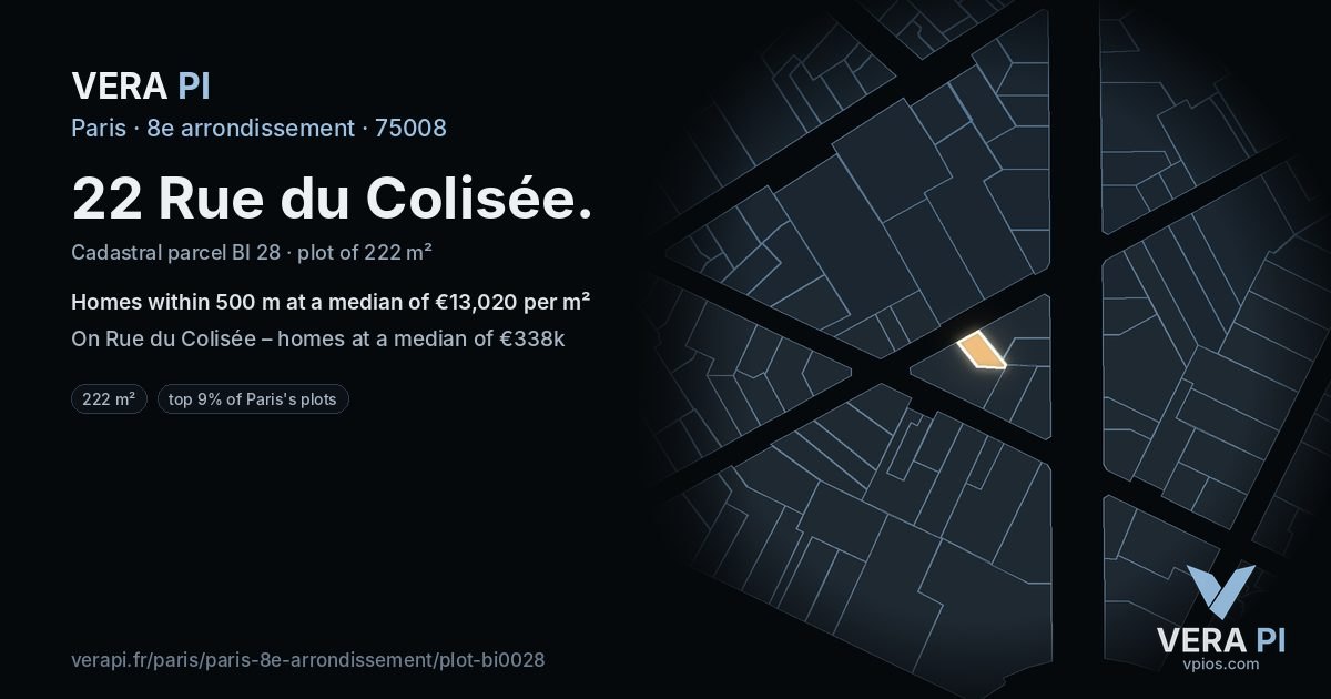 22 Rue du Colisée, 8e arrondissement at night – the plot lit, the parcels around coloured by the prices near them
