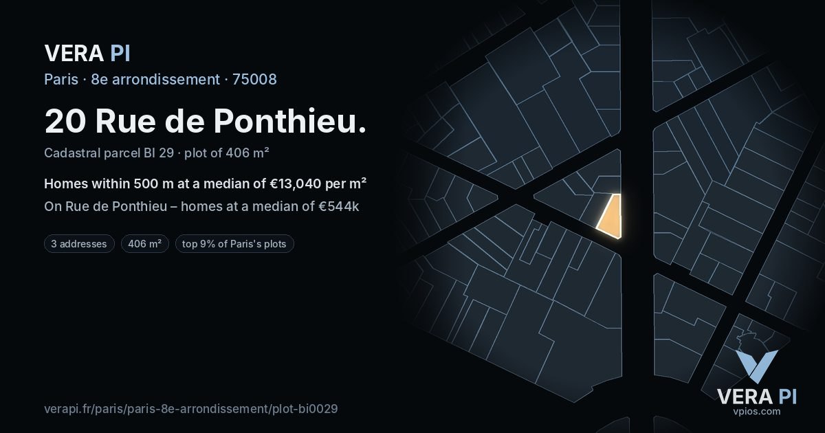 20 Rue de Ponthieu, 8e arrondissement at night – the plot lit, the parcels around coloured by the prices near them