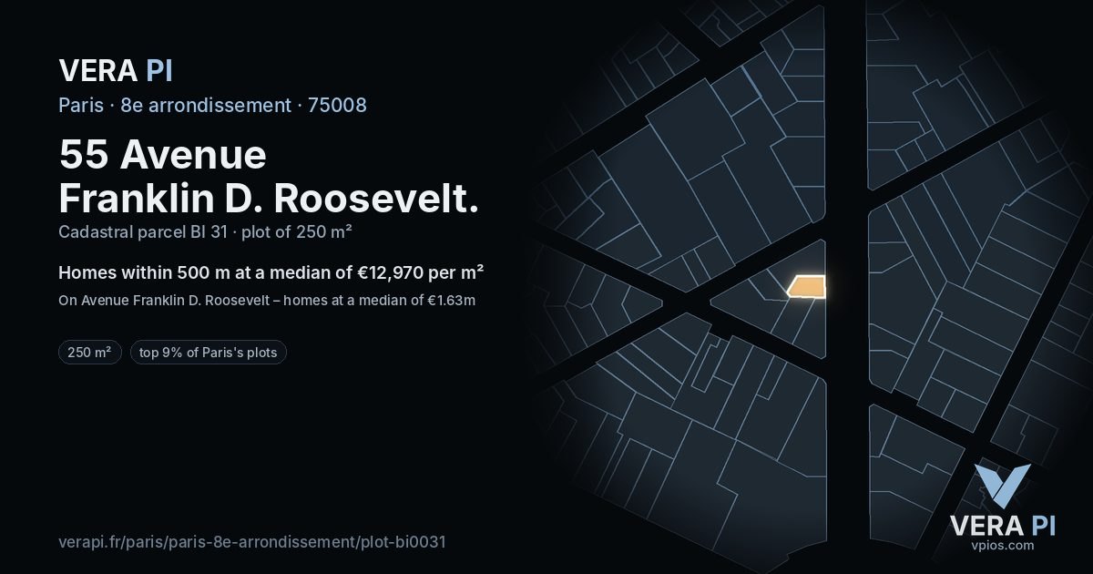 55 Avenue Franklin D. Roosevelt, 8e arrondissement at night – the plot lit, the parcels around coloured by the prices near them
