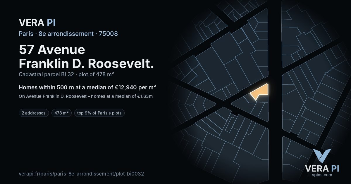 57 Avenue Franklin D. Roosevelt, 8e arrondissement at night – the plot lit, the parcels around coloured by the prices near them