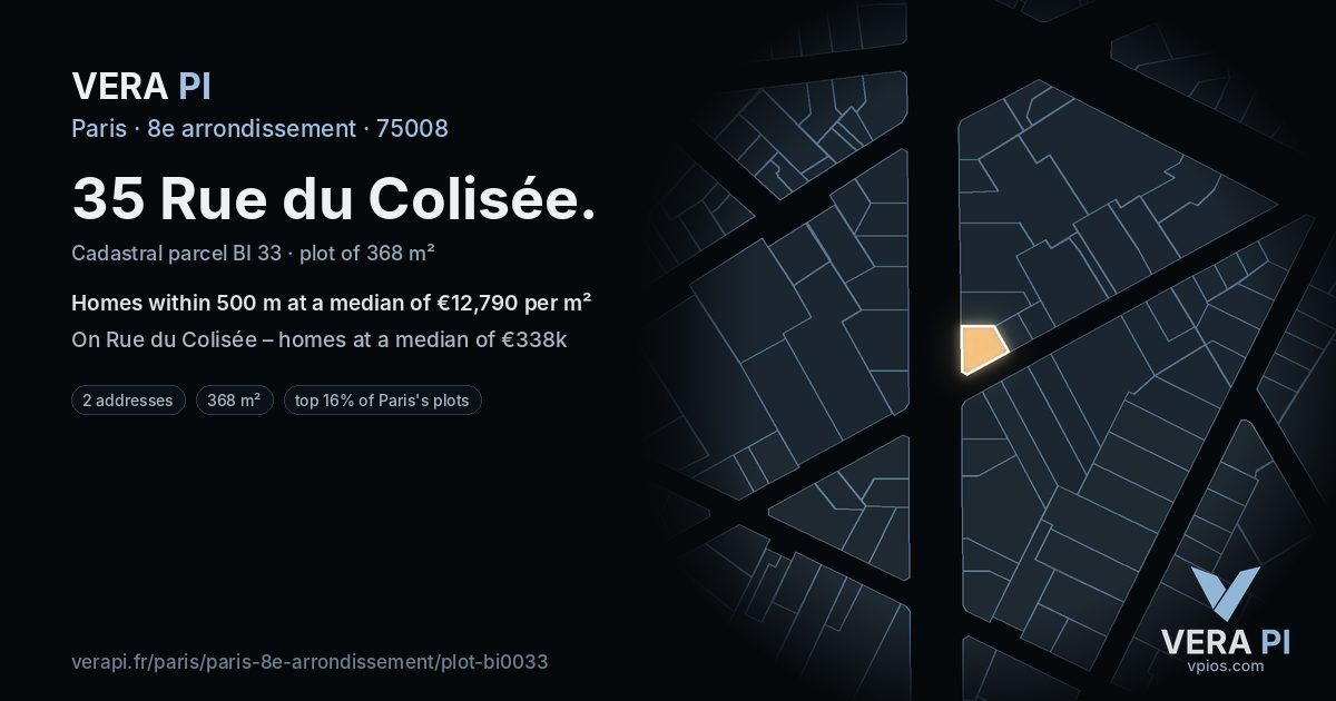 35 Rue du Colisée, 8e arrondissement at night – the plot lit, the parcels around coloured by the prices near them