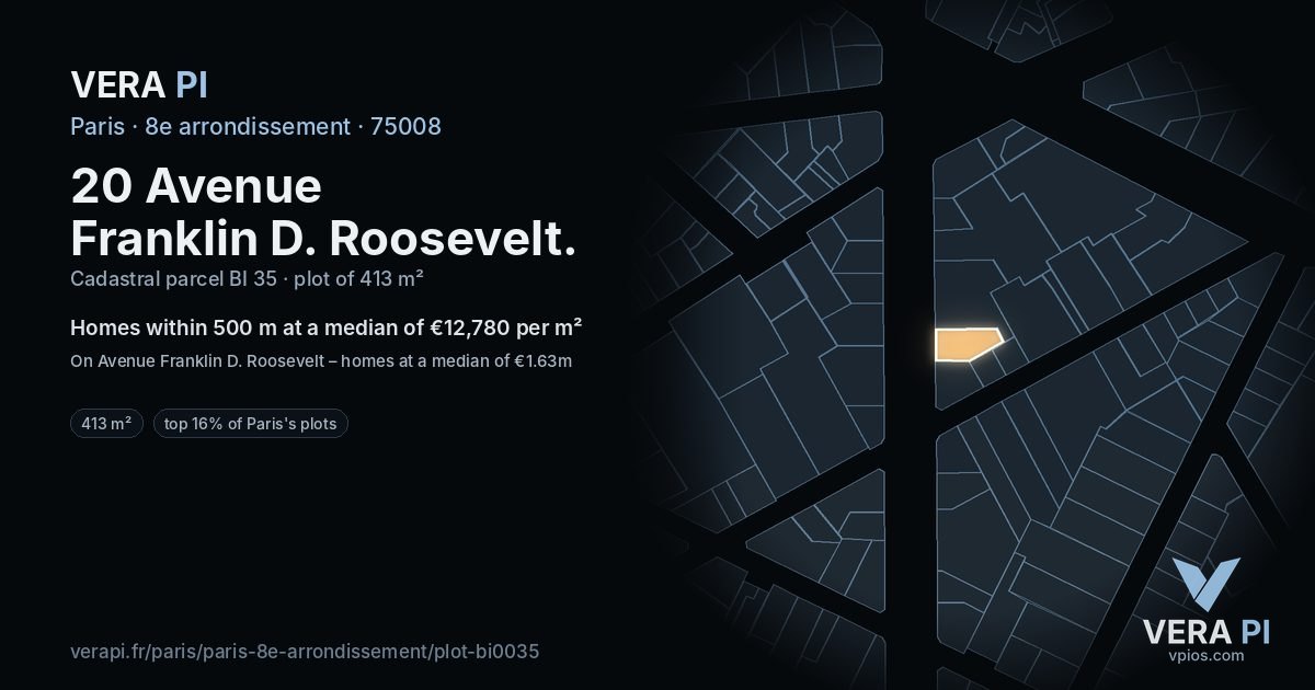 20 Avenue Franklin D. Roosevelt, 8e arrondissement at night – the plot lit, the parcels around coloured by the prices near them
