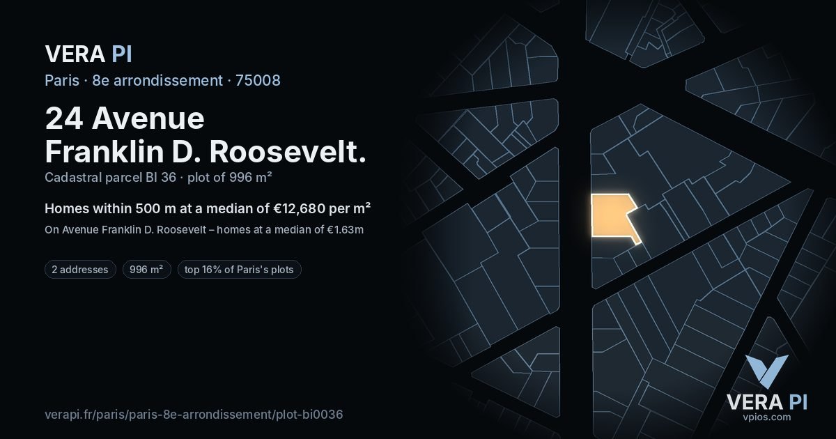 24 Avenue Franklin D. Roosevelt, 8e arrondissement at night – the plot lit, the parcels around coloured by the prices near them