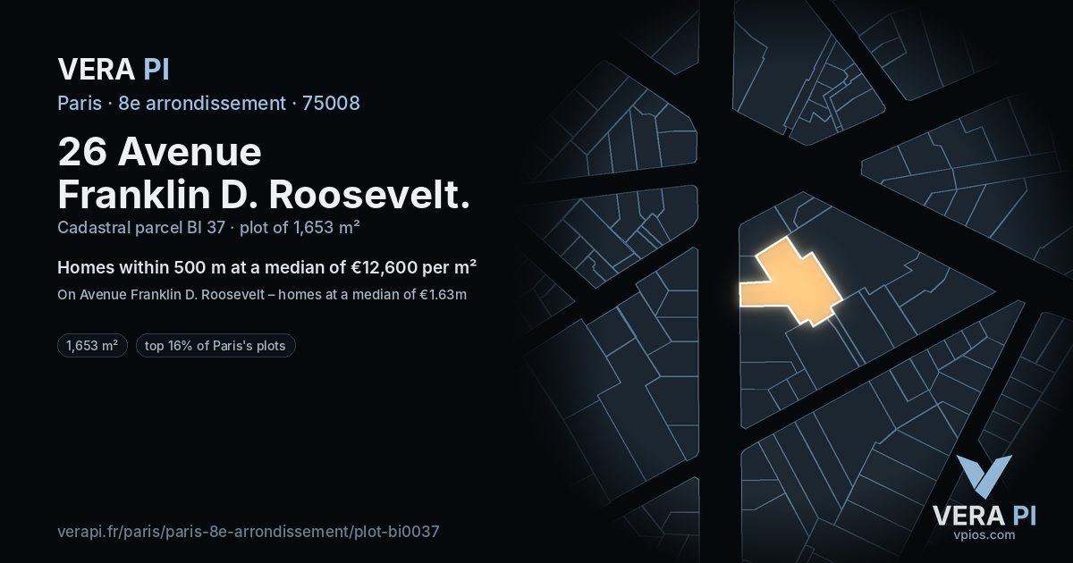 26 Avenue Franklin D. Roosevelt, 8e arrondissement at night – the plot lit, the parcels around coloured by the prices near them