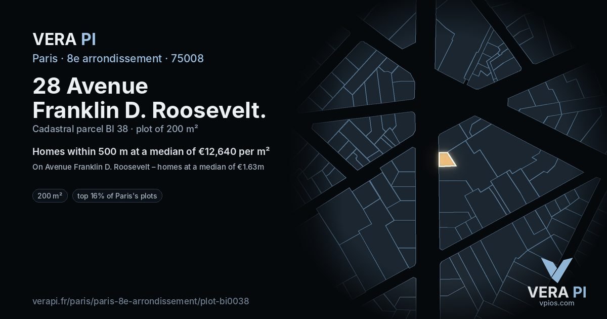 28 Avenue Franklin D. Roosevelt, 8e arrondissement at night – the plot lit, the parcels around coloured by the prices near them
