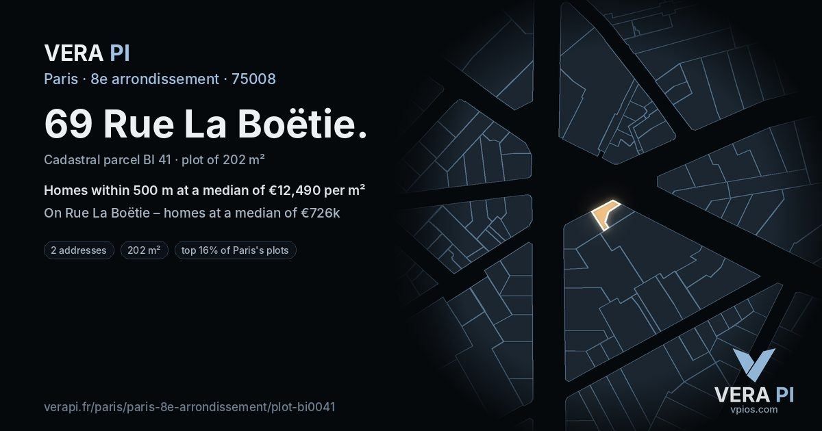 69 Rue La Boëtie, 8e arrondissement at night – the plot lit, the parcels around coloured by the prices near them