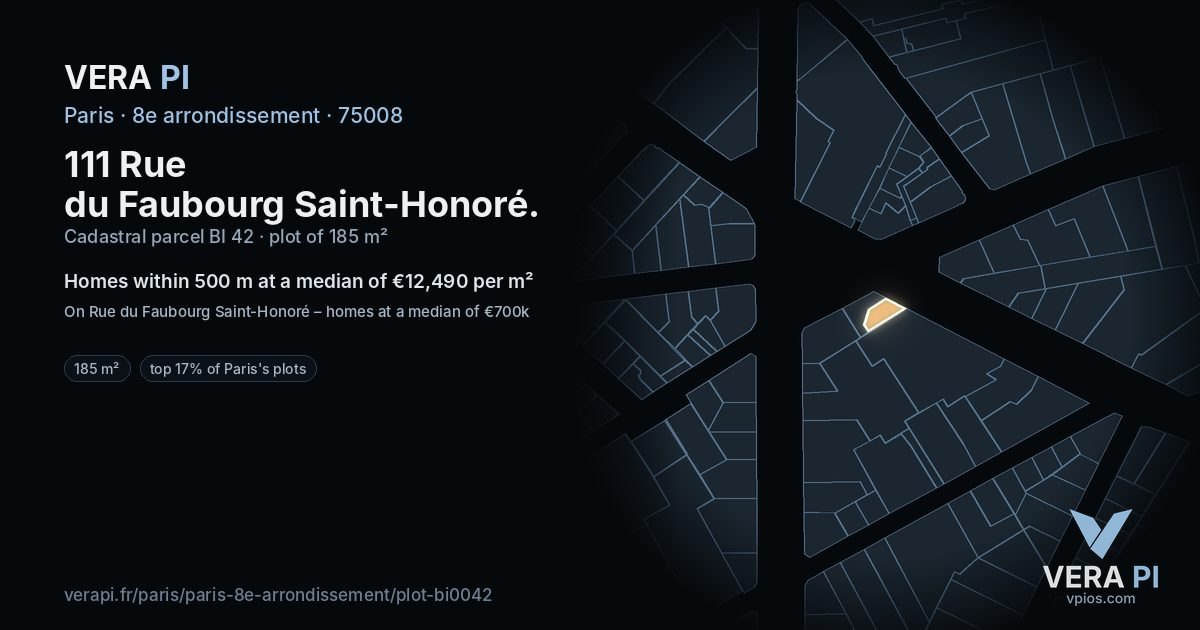 111 Rue du Faubourg Saint-Honoré, 8e arrondissement at night – the plot lit, the parcels around coloured by the prices near them