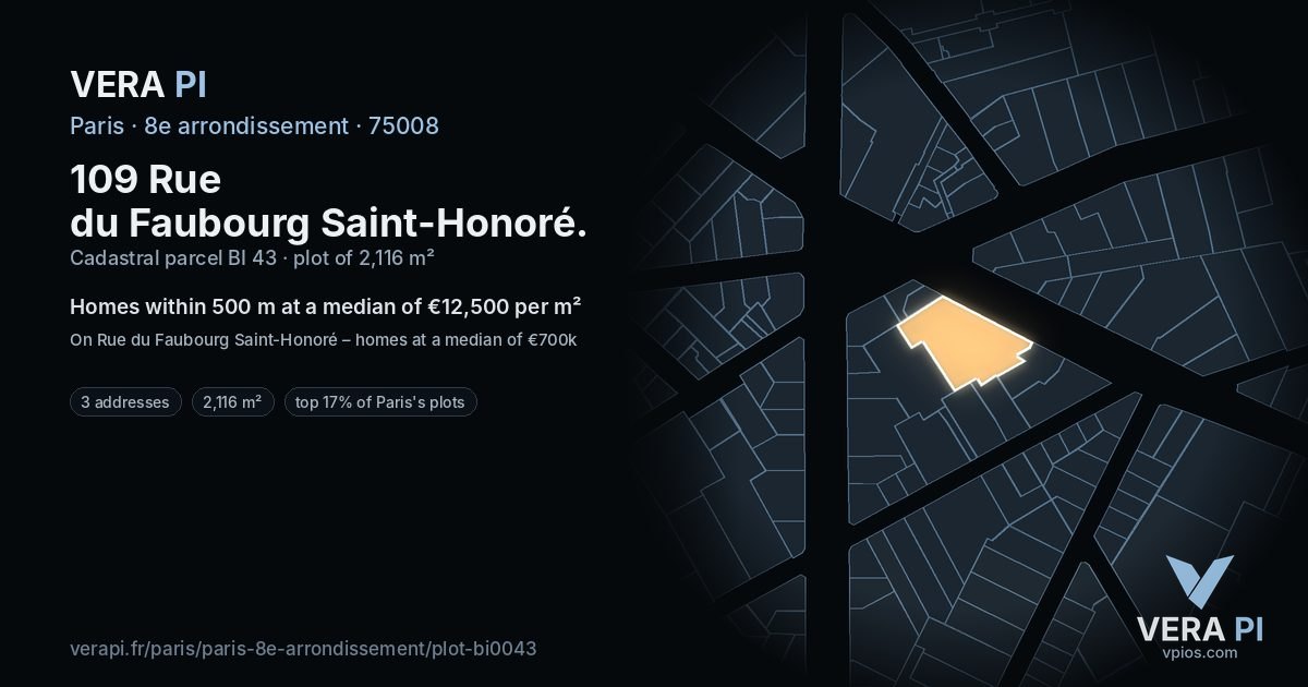 109 Rue du Faubourg Saint-Honoré, 8e arrondissement at night – the plot lit, the parcels around coloured by the prices near them