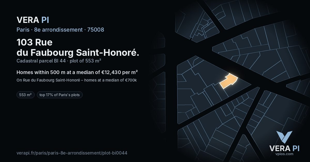 103 Rue du Faubourg Saint-Honoré, 8e arrondissement at night – the plot lit, the parcels around coloured by the prices near them