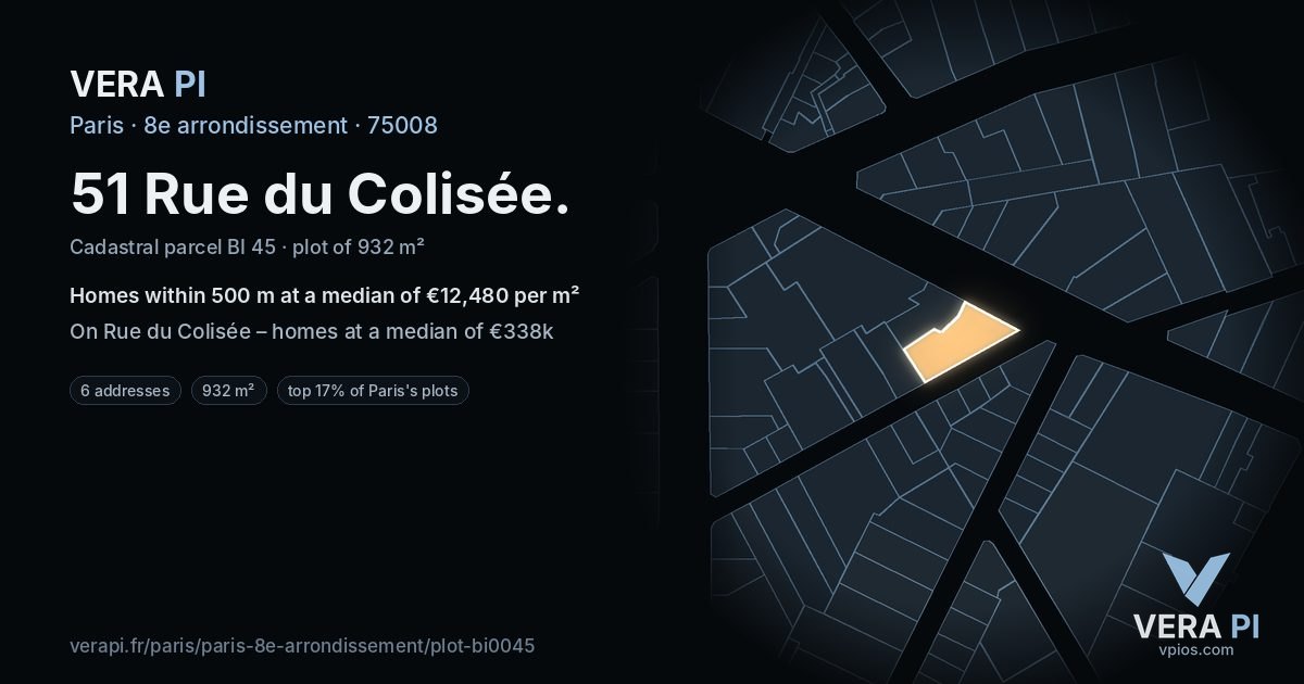 51 Rue du Colisée, 8e arrondissement at night – the plot lit, the parcels around coloured by the prices near them