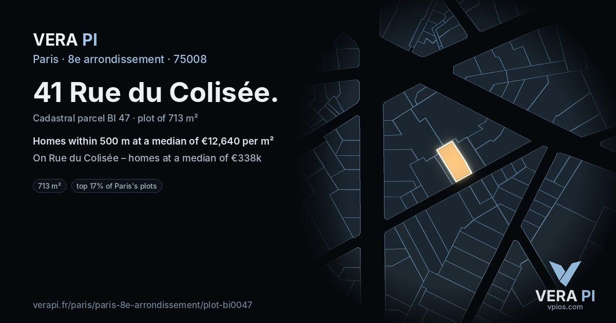 41 Rue du Colisée, 8e arrondissement at night – the plot lit, the parcels around coloured by the prices near them