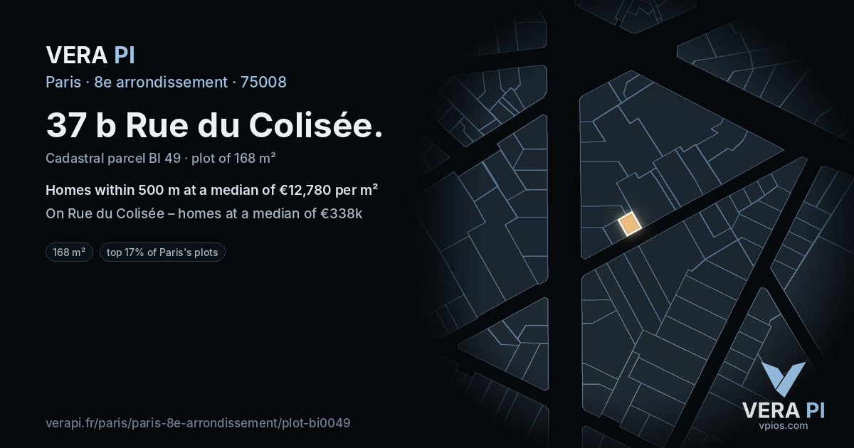 37 b Rue du Colisée, 8e arrondissement at night – the plot lit, the parcels around coloured by the prices near them