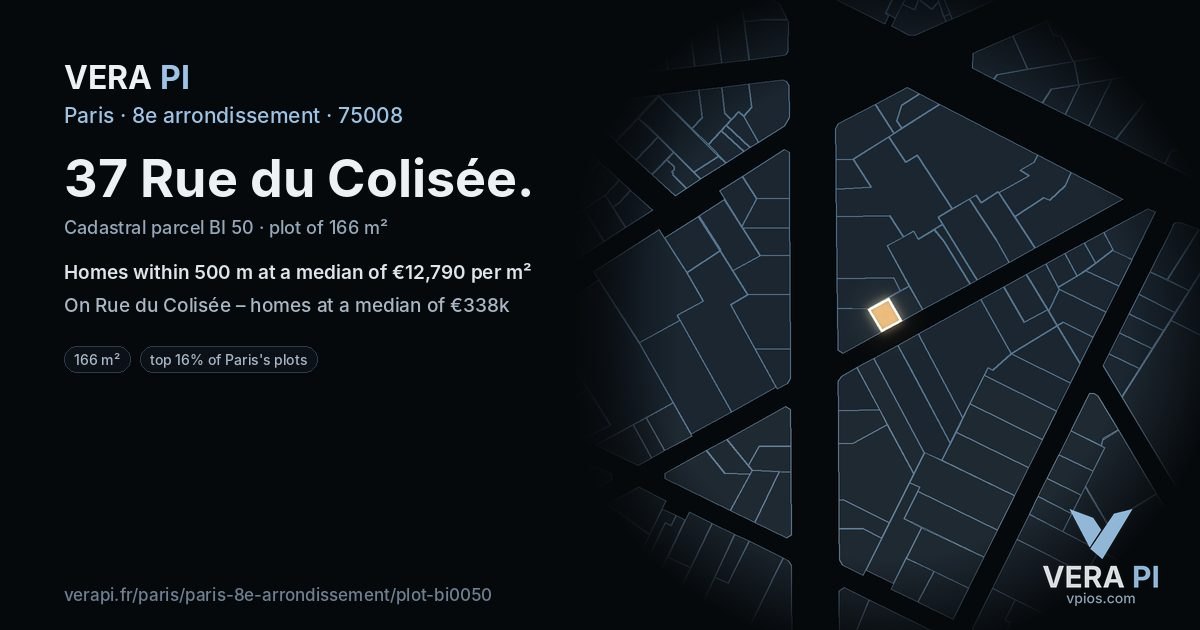 37 Rue du Colisée, 8e arrondissement at night – the plot lit, the parcels around coloured by the prices near them