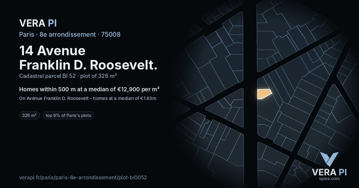 14 Avenue Franklin D. Roosevelt, 8e arrondissement at night – the plot lit, the parcels around coloured by the prices near them