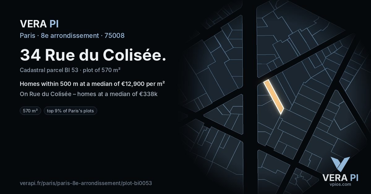 34 Rue du Colisée, 8e arrondissement at night – the plot lit, the parcels around coloured by the prices near them