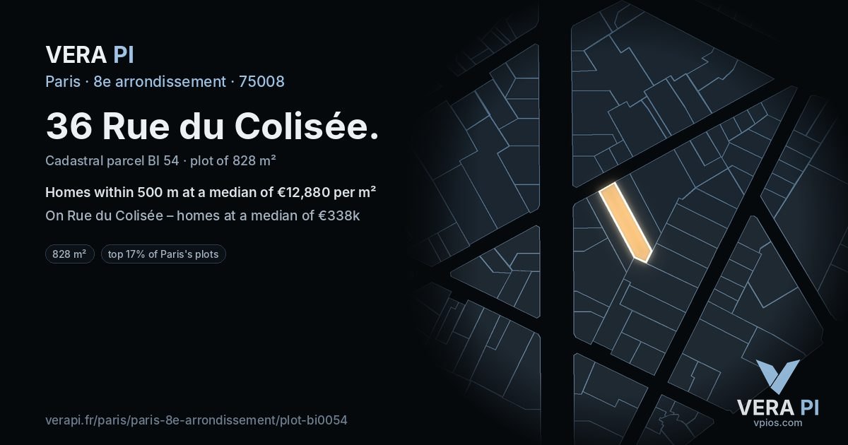 36 Rue du Colisée, 8e arrondissement at night – the plot lit, the parcels around coloured by the prices near them
