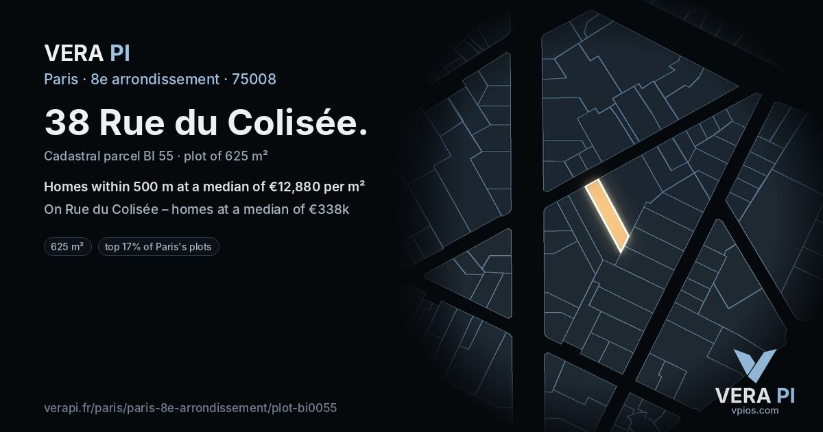 38 Rue du Colisée, 8e arrondissement at night – the plot lit, the parcels around coloured by the prices near them