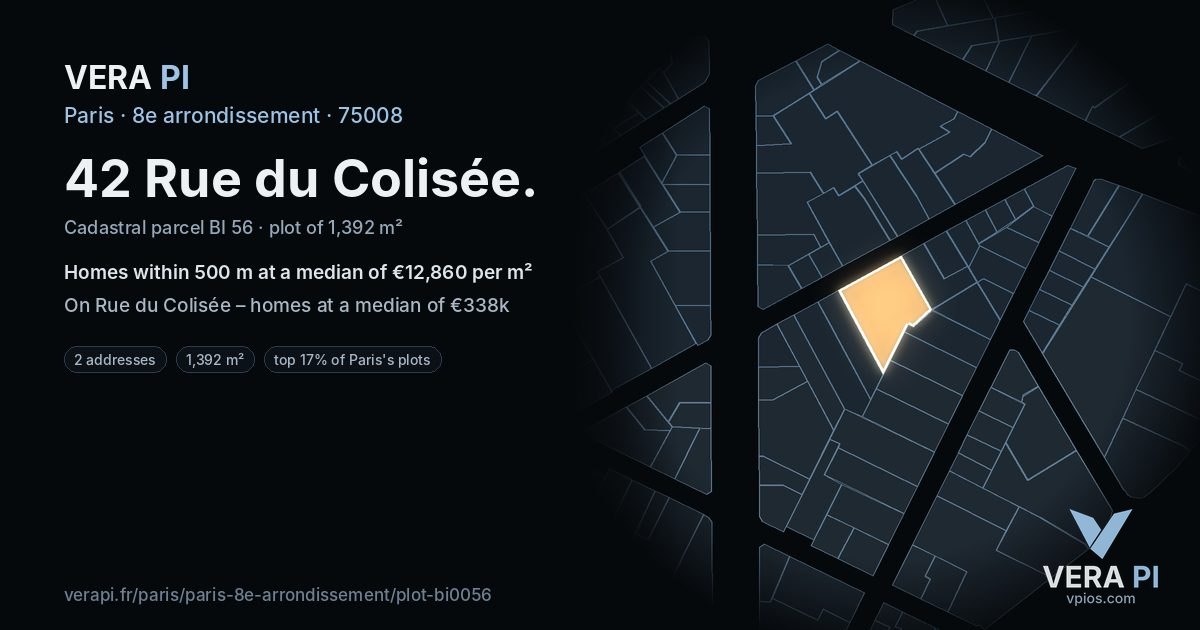 42 Rue du Colisée, 8e arrondissement at night – the plot lit, the parcels around coloured by the prices near them