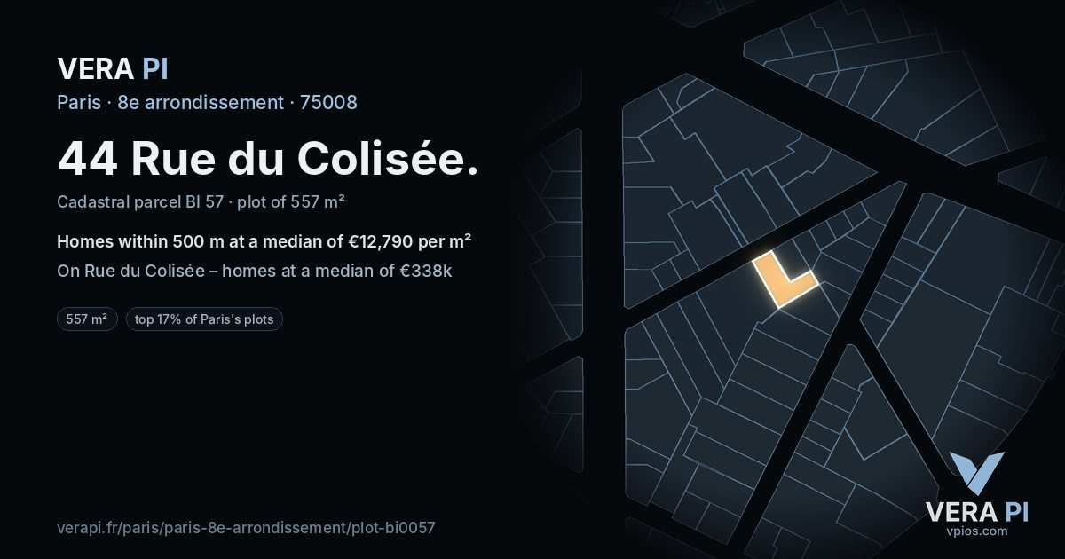 44 Rue du Colisée, 8e arrondissement at night – the plot lit, the parcels around coloured by the prices near them