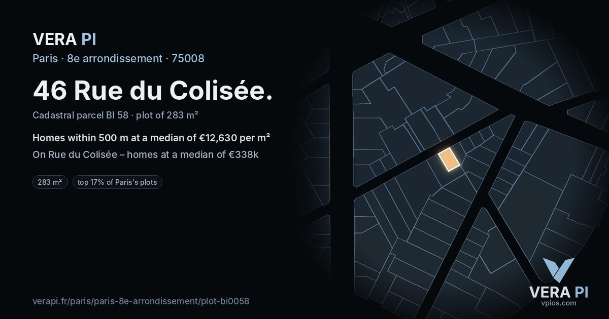 46 Rue du Colisée, 8e arrondissement at night – the plot lit, the parcels around coloured by the prices near them