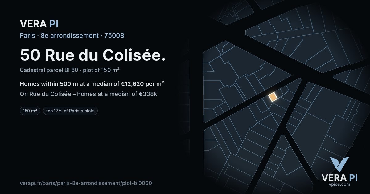 50 Rue du Colisée, 8e arrondissement at night – the plot lit, the parcels around coloured by the prices near them