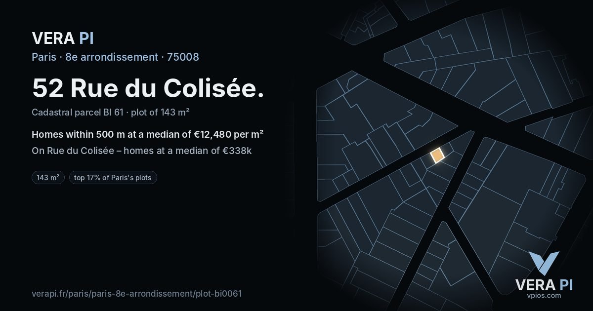 52 Rue du Colisée, 8e arrondissement at night – the plot lit, the parcels around coloured by the prices near them