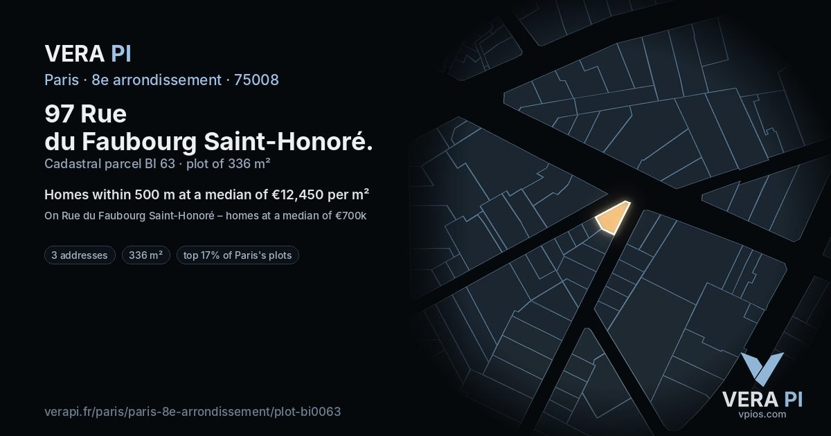 97 Rue du Faubourg Saint-Honoré, 8e arrondissement at night – the plot lit, the parcels around coloured by the prices near them