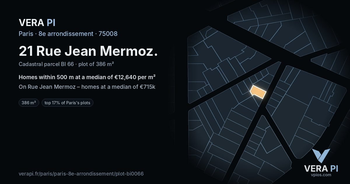 21 Rue Jean Mermoz, 8e arrondissement at night – the plot lit, the parcels around coloured by the prices near them