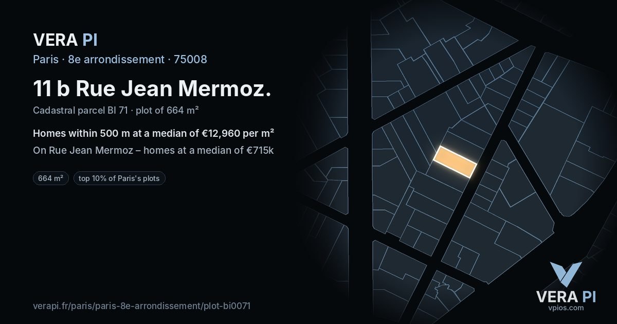 11 b Rue Jean Mermoz, 8e arrondissement at night – the plot lit, the parcels around coloured by the prices near them