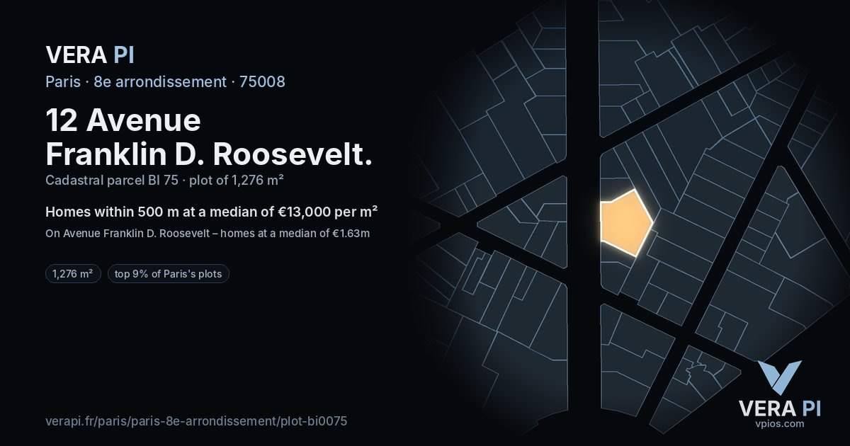 12 Avenue Franklin D. Roosevelt, 8e arrondissement at night – the plot lit, the parcels around coloured by the prices near them