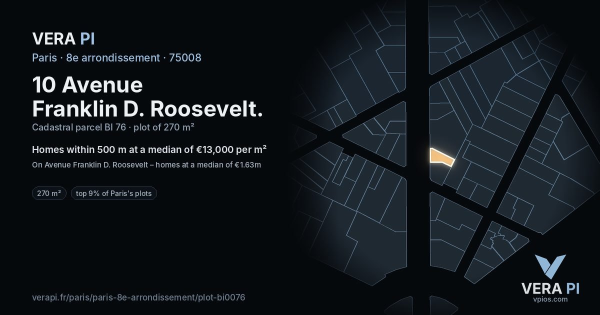 10 Avenue Franklin D. Roosevelt, 8e arrondissement at night – the plot lit, the parcels around coloured by the prices near them