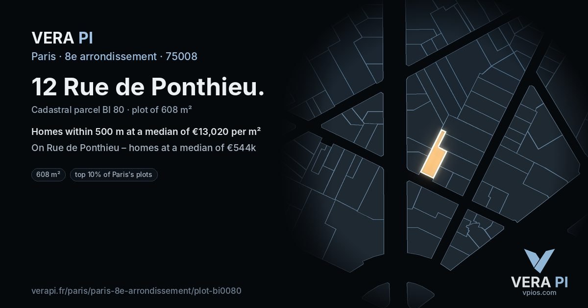 12 Rue de Ponthieu, 8e arrondissement at night – the plot lit, the parcels around coloured by the prices near them