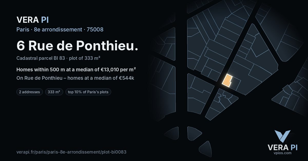 6 Rue de Ponthieu, 8e arrondissement at night – the plot lit, the parcels around coloured by the prices near them