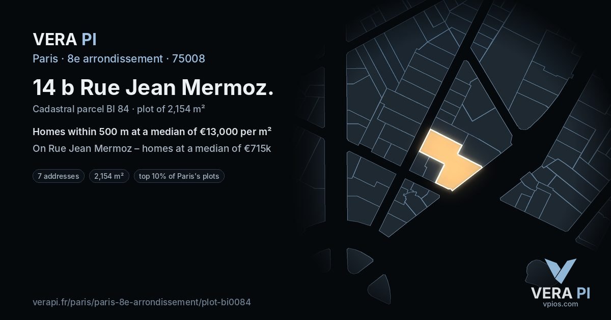 14 b Rue Jean Mermoz, 8e arrondissement at night – the plot lit, the parcels around coloured by the prices near them