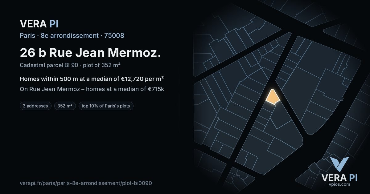 26 b Rue Jean Mermoz, 8e arrondissement at night – the plot lit, the parcels around coloured by the prices near them