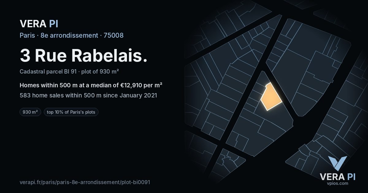 3 Rue Rabelais, 8e arrondissement at night – the plot lit, the parcels around coloured by the prices near them