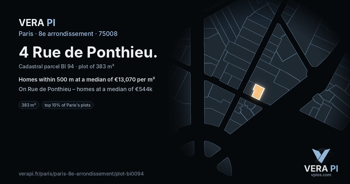 4 Rue de Ponthieu, 8e arrondissement at night – the plot lit, the parcels around coloured by the prices near them