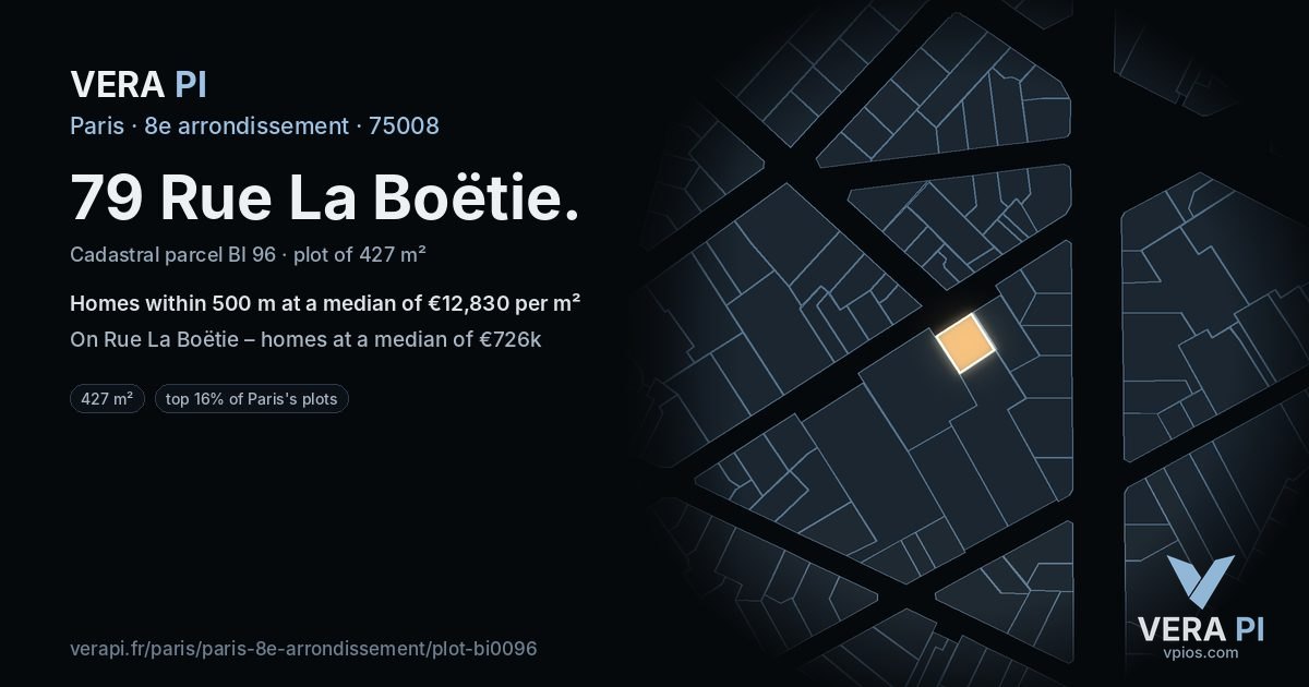 79 Rue La Boëtie, 8e arrondissement at night – the plot lit, the parcels around coloured by the prices near them