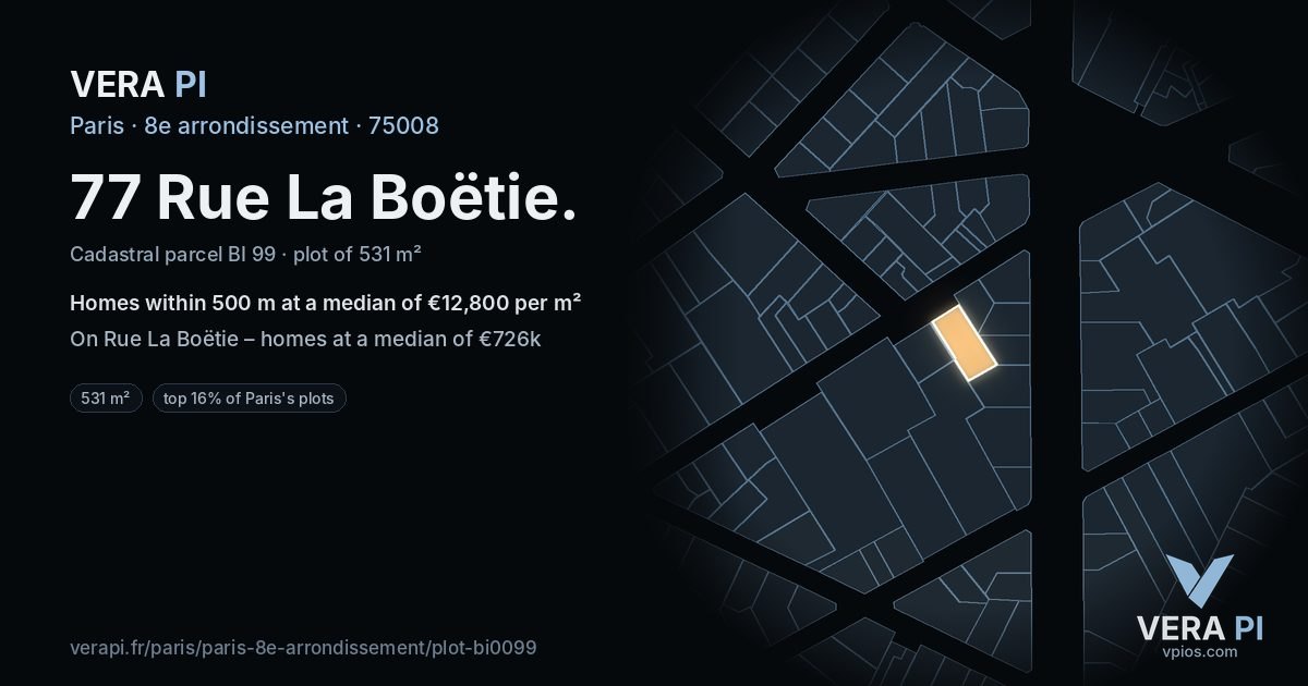 77 Rue La Boëtie, 8e arrondissement at night – the plot lit, the parcels around coloured by the prices near them