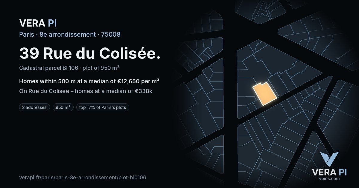 39 Rue du Colisée, 8e arrondissement at night – the plot lit, the parcels around coloured by the prices near them