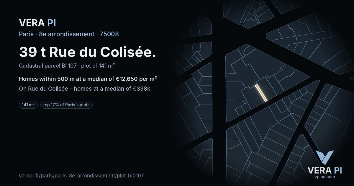 39 t Rue du Colisée, 8e arrondissement at night – the plot lit, the parcels around coloured by the prices near them